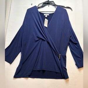 Charter Club Blue Women's Blouse faux wrap side tie shirt NWT